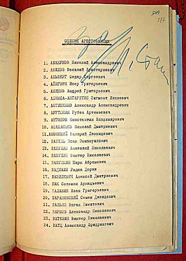 Załącznik do listu Berii – spis aresztowanych przeznaczonych do rozstrzelania. W poz. 12 nazwisko Izaaka Babla. Niebieskim ołówkiem decyzja Stalina: „za