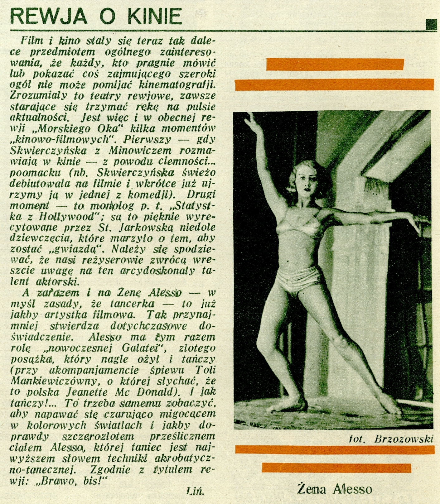 Bożena (Żena) Alesso, fot. Stanisław Brzozowski. Obok recenzja autorstwa Henryka Lińskiego, „Kino” 1932, nr 3