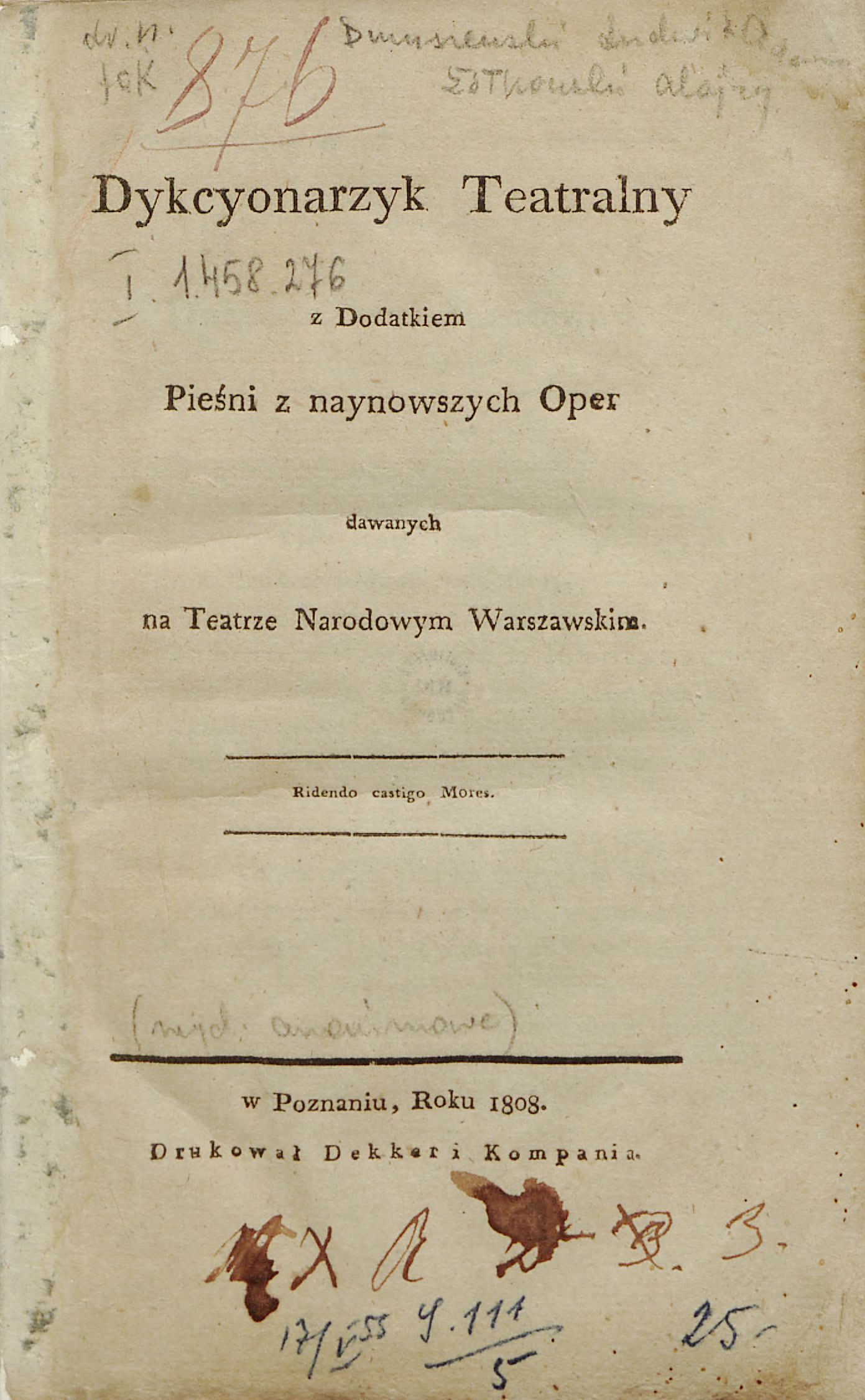 Dykcyonarzyk teatralny z dodatkiem pieśni z naynowszych oper dawanych na Teatrze Narodowym Warszawskim
